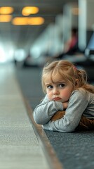 Sad Girl Waiting in Airport Terminal - Delays and Emotions During Busy Holiday Travel Season Vertical Background