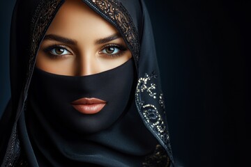 Naklejka premium Arab woman wearing a traditional black abaya with a niqab, her eyes highlighted with kohl