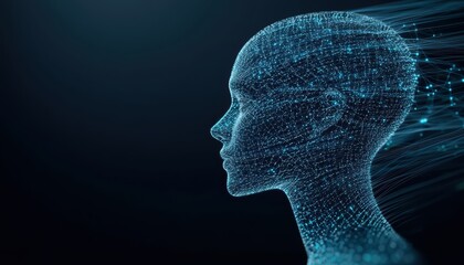 A striking digital representation of a human head composed of intricate data lines. This artwork embodies the fusion of technology and human form.
