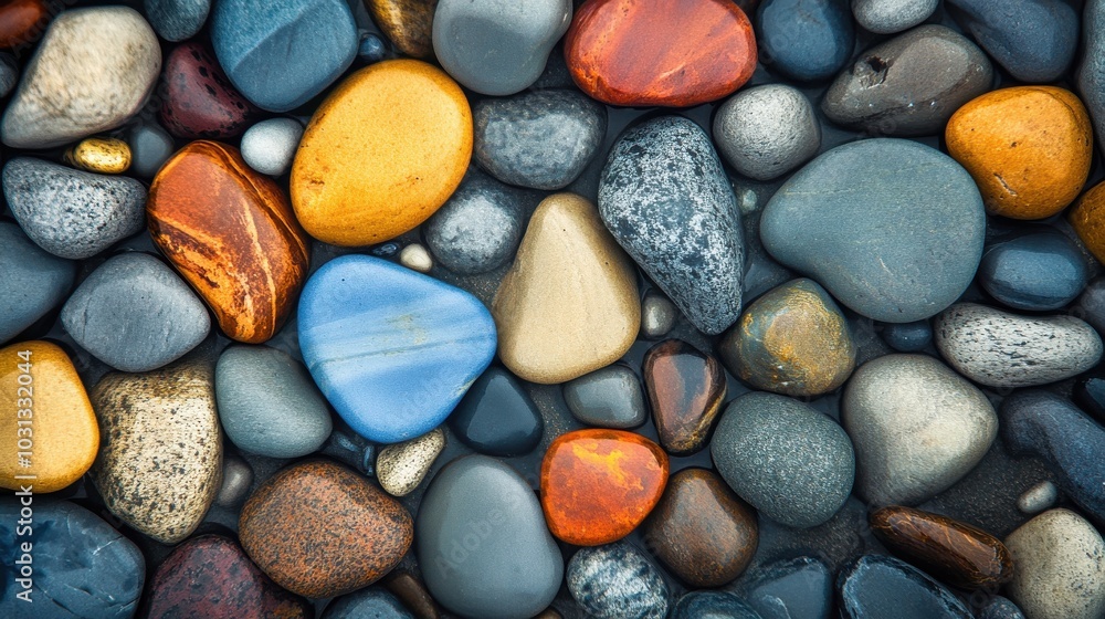 Poster A collection of colorful rocks arranged in a pattern. The rocks are of various sizes and colors, including blue, yellow, and red. The arrangement of the rocks creates a visually interesting