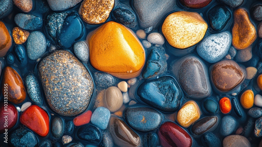 Poster a collection of colorful rocks in a body of water. the rocks are of various sizes and colors, includ