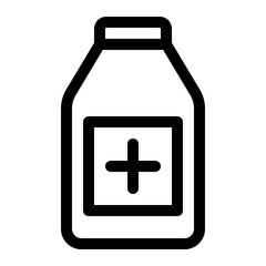 A black and white line drawing of a bottle with a plus sign on the label.