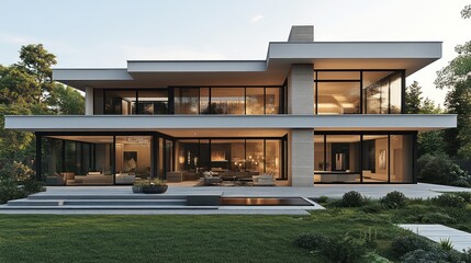 Obraz premium Modern house with large windows and lush landscaping at dusk.