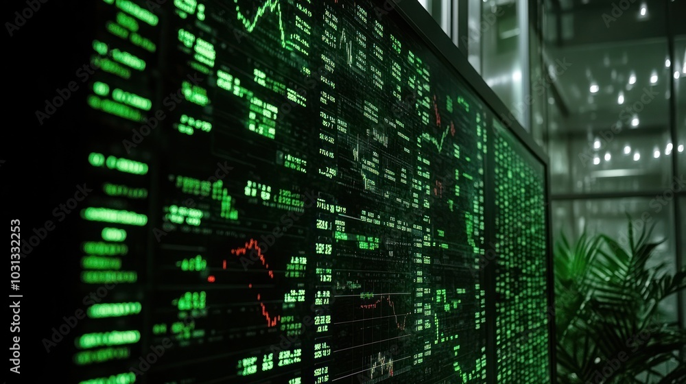 Aufkleber a large screen in a modern office displays a financial data feed with green and red numbers and line