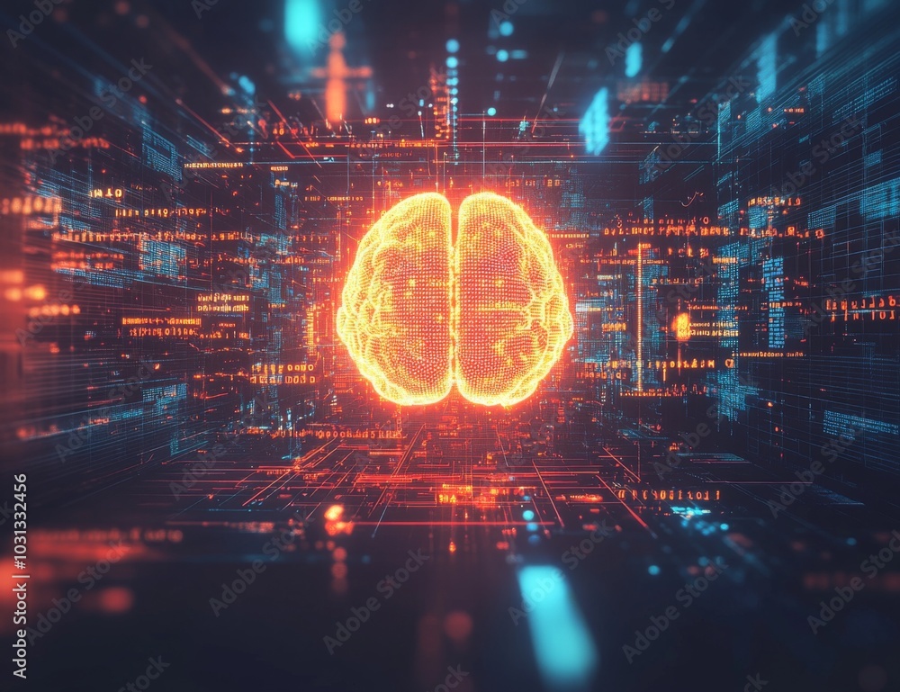 Poster a glowing, digital brain floats in a futuristic, abstract space filled with data streams.