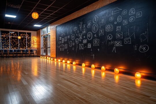 Candle-lit classroom filled with strange symbols on the blackboard, evoking mystery and intrigue