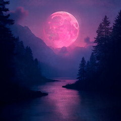 Watercolor grunge landscape of forests, rivers, moons in pink lighting