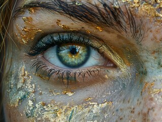Close Up of a Green Eye With Gold Leaf Makeup
