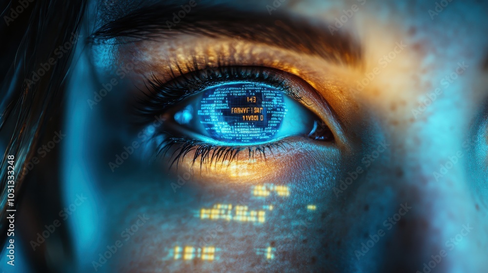 Poster contemplative robot face reflecting holographic text of the three laws of robotics in its eyes