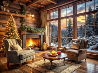 Cozy Cabin Living Room with Fireplace and Snowy View – Vintage Style Photography