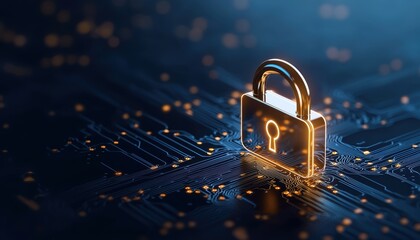 This illustration showcases an advanced cybersecurity concept with a glowing padlock symbolizing data protection and security in a digital environment.