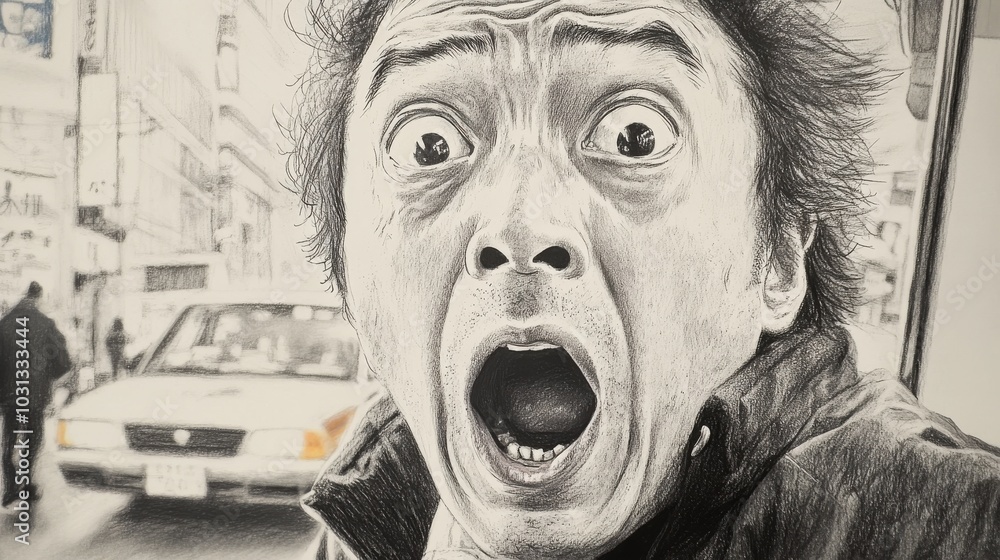 Poster a man with a shocked expression on his face is standing in front of a car