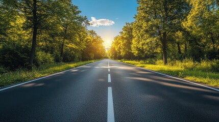Fototapeta premium A tranquil empty street in Germany surrounded by lush trees and bright sunlight. This vibrant scene captures the essence of nature ideal for travel and relaxation.