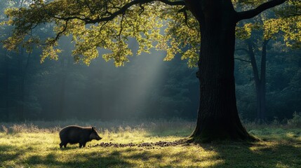 Sunlight Through Trees with Wild Boar in Forest Scene