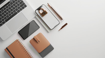 Modern office desk layout with laptop, notebook, and smartphone