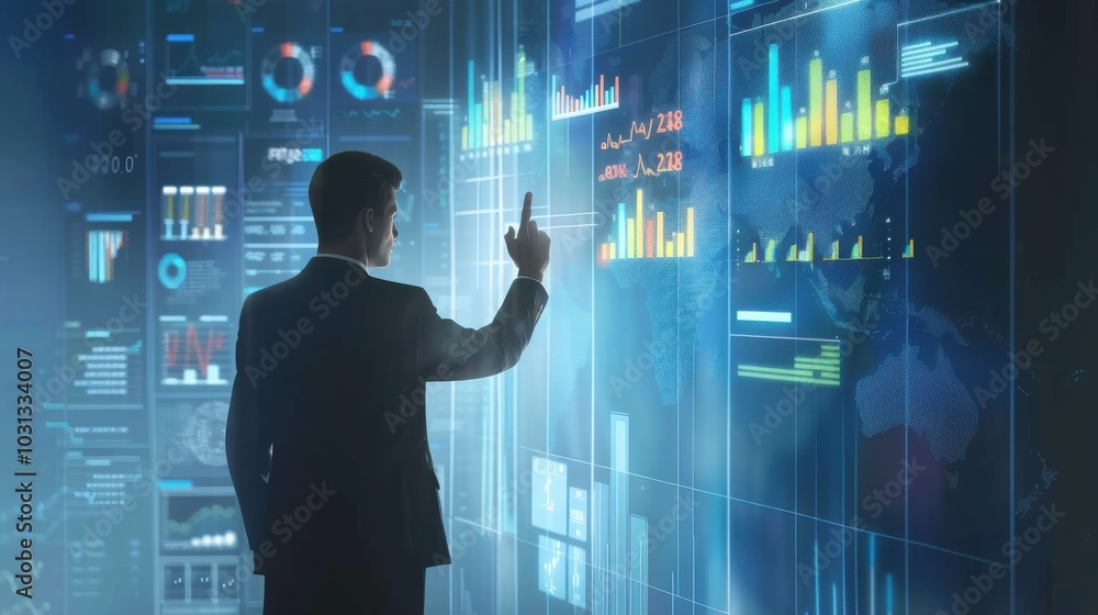 Poster A man is pointing at a computer screen with a lot of graphs and numbers. Concept of a busy work environment where people are analyzing data