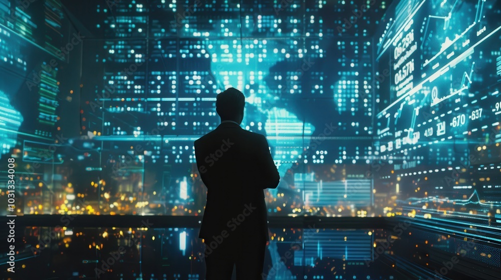 Poster a man stands in front of a computer screen with a city view. the man is wearing a suit and tie. the 