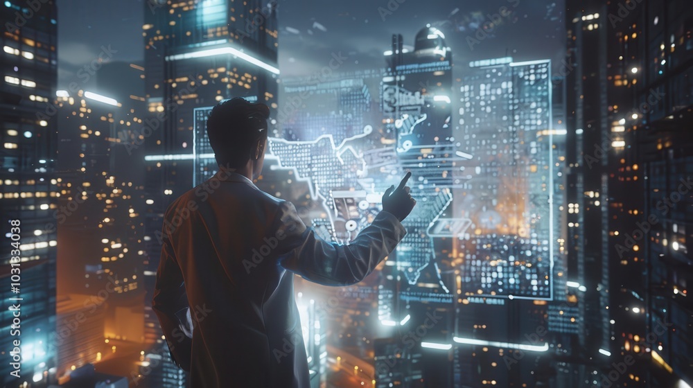 Fototapete A man in a suit is pointing at a computer screen that shows a cityscape. Concept of modernity and technological advancement