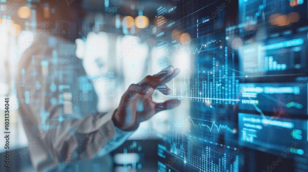 Poster a person is touching a computer screen with a finger, and the screen is filled with graphs and numbe