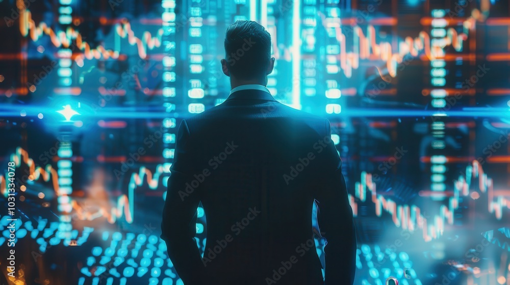 Poster a man in a suit stands in front of a computer screen with a lot of numbers and graphs. the man is lo