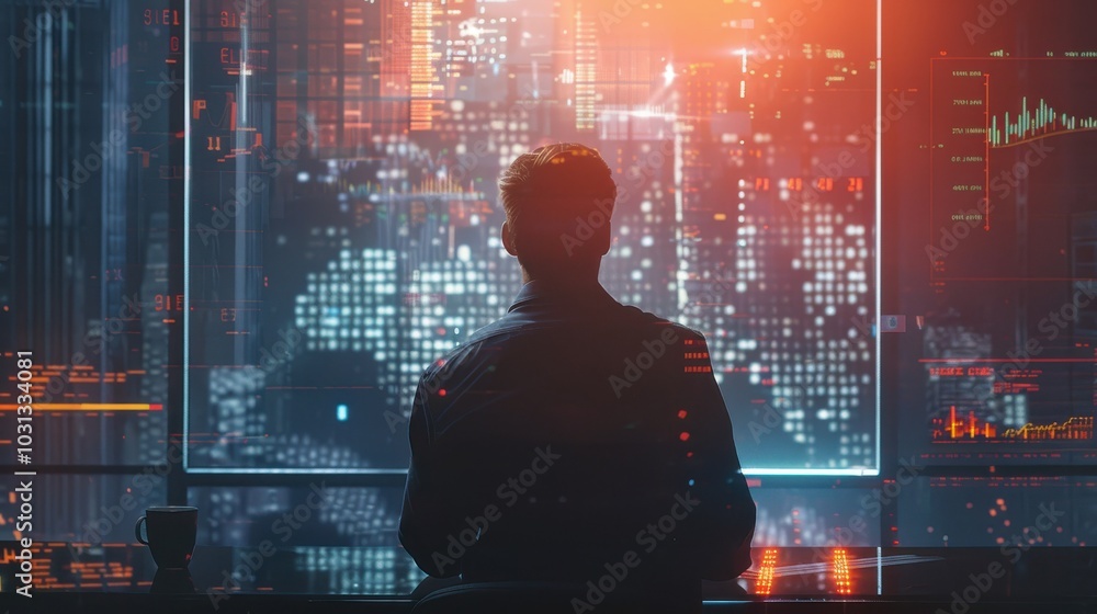 Poster a man is sitting in front of a computer screen with a city view in the background. the man is focuse