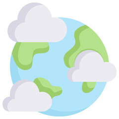 Obraz premium A simple, cartoon-style illustration of the Earth with green landmasses and blue water, with a cloud above it.