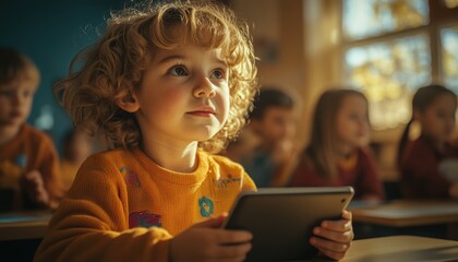 Young children in a classroom joyfully engage with iPads, fostering a love for learning through technology and collaboration in a vibrant educational setting.