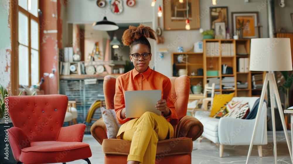 Poster an office worker engages with a tablet in a vibrant coworking space during the afternoon hours