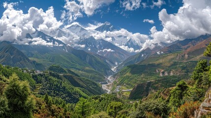 Expansive view of Khumbu Valley revealing towering peaks and lush greenery on a clear day in the Himalayas