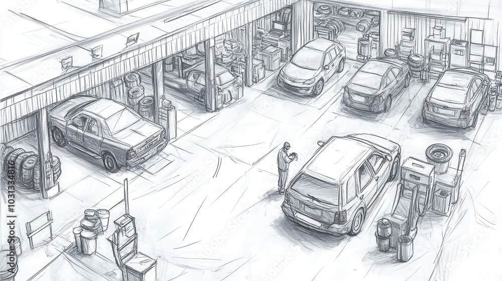 Poster a drawing of a parking lot with several cars and a man in front of a car