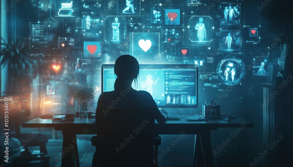 Poster a woman is sitting at a computer desk with a monitor displaying a computer screen with a lot of icon