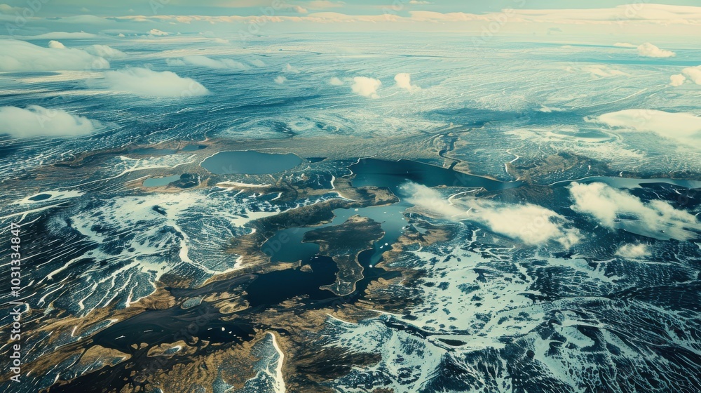 Poster the sky is filled with clouds and the land below is covered in snow. concept of vastness and emptine