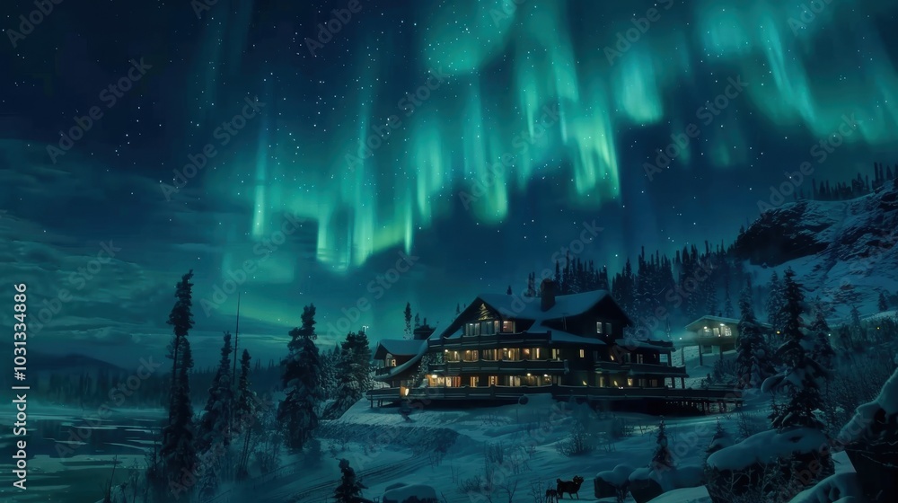 Poster a beautiful night sky with a house in the background. the house is surrounded by trees and the sky i