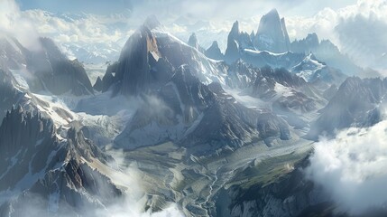 Aerial view of Fitz Roy's jagged peaks in Patagonia shrouded in mist above lush valleys