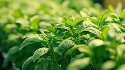 Obraz premium A close-up shot of lush green basil plants growing in a garden.