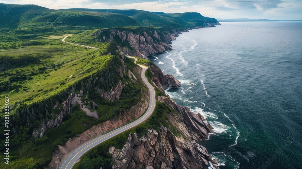 Poster a scenic view of a road that runs along the edge of a cliff overlooking the ocean. the road is surro