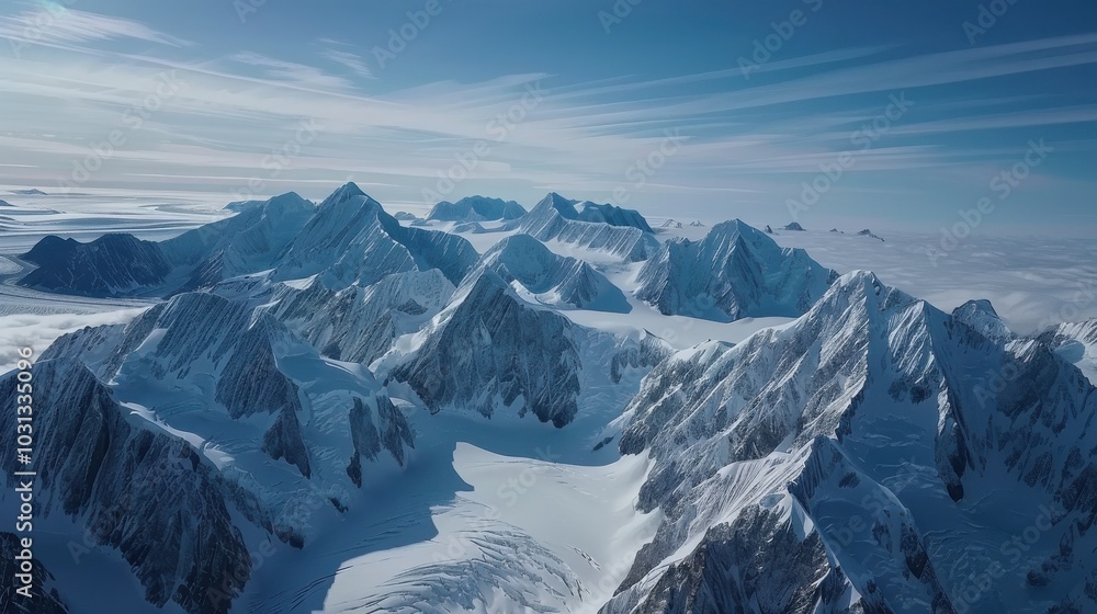 Poster the sky is clear and blue with a few clouds scattered throughout. the mountains are covered in snow 