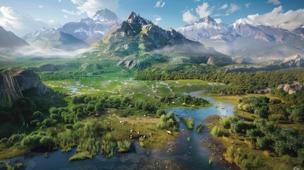 Fototapeta premium Aerial view capturing a vibrant dinosaur ecosystem in Patagonia with diverse herbivores and apex predators among dense forests and waterways
