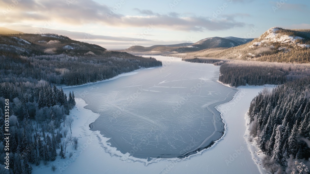 Poster A frozen lake with trees in the background. The sky is cloudy and the sun is setting