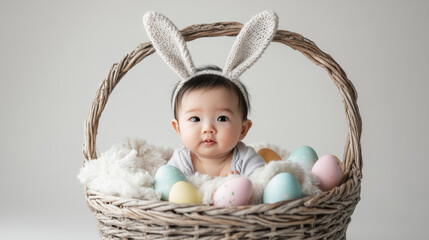 Adorable baby with bunny ears in easter basket surrounded by colorful eggs