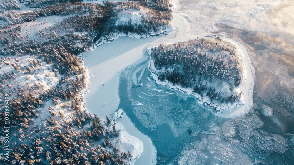 Poster a frozen lake with trees in the background. the sky is a light blue color