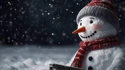 A winter holiday Christmas banner featuring a snowman on a snowy night with copy space, perfect for Christmas and New Year wishes and celebration.