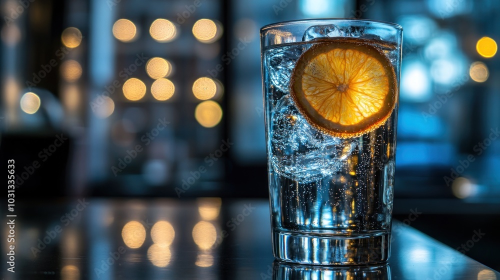 Aufkleber a tall glass of sparkling water with ice and an orange slice garnish on a bar table with a blurred b