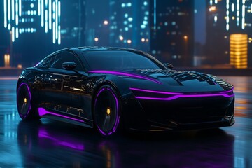Fototapeta premium Futuristic car with neon purple streaks, speeding through a digital city