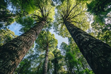 Fototapeta premium A Low Angle View of Tall Trees in a Lush Forest