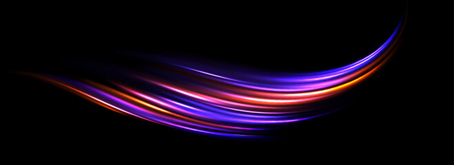 Glowing neon light splash background. Orange pink purple speed line flow. Magic luminous curved swirl concept. Abstract dynamic trail stripes. Curve streaks for poster, banner, flyer. Vector