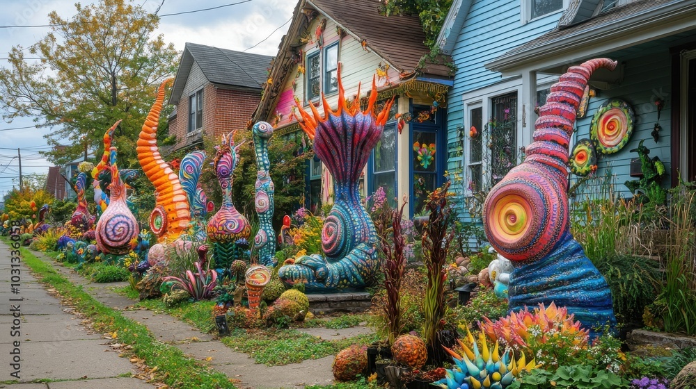 Aufkleber a row of colorful sculptures of sea creatures are displayed on a sidewalk