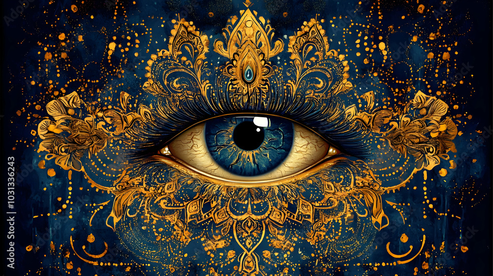 Poster an artistic depiction of an eye surrounded by intricate patterns.