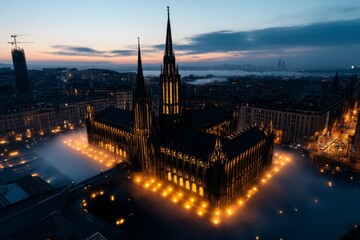 Gothic cathedral at night, lit by glowing lanterns and surrounded by mist