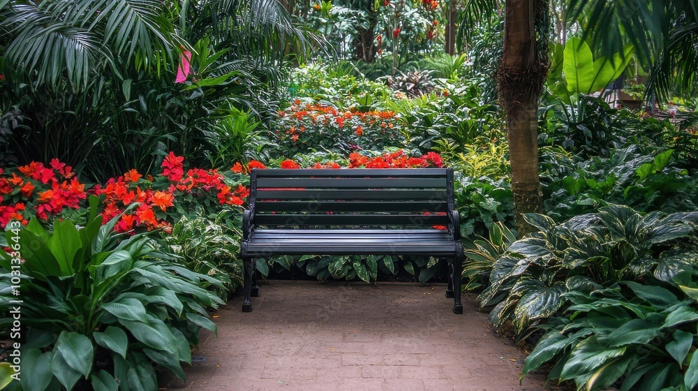 Poster A bench sits in a garden with a path leading to it